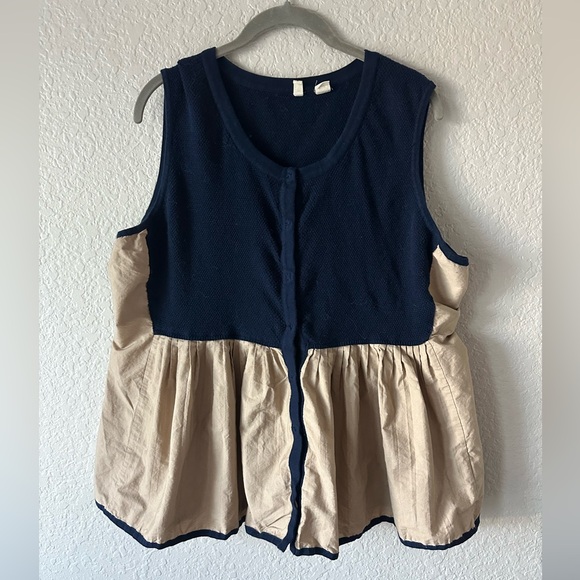 Anthropologie Moth Navy & Cream Sleeveless Peplum Blouse XL | Button Front - Picture 2 of 12